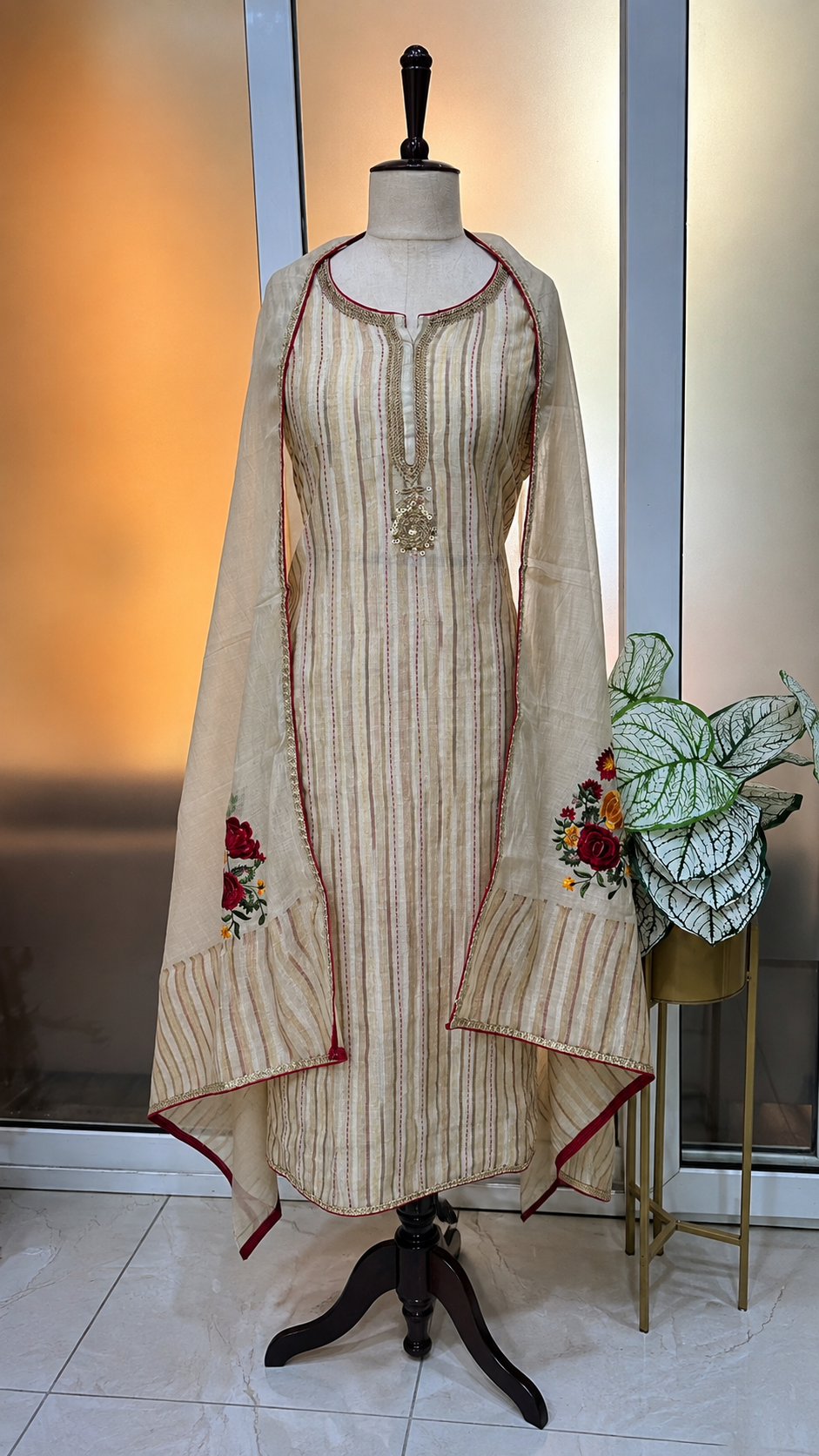 Chanderi Chikankari Embroidered Nayra Cut Semi-Stitched Suit Set