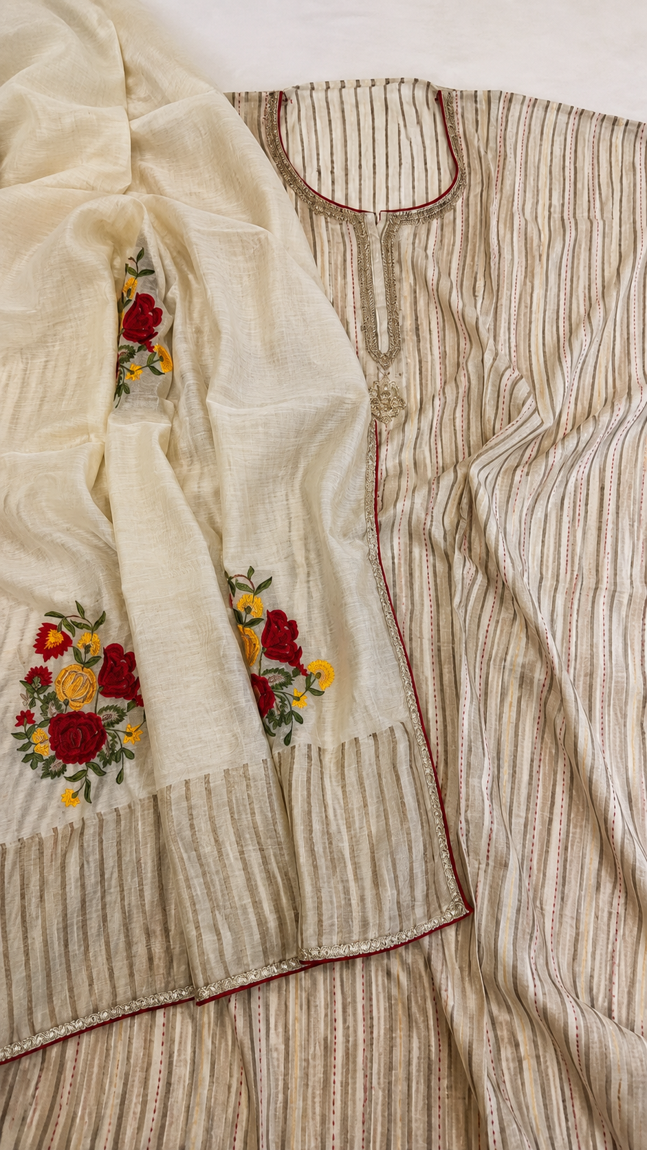 Chanderi Chikankari Embroidered Nayra Cut Semi-Stitched Suit Set