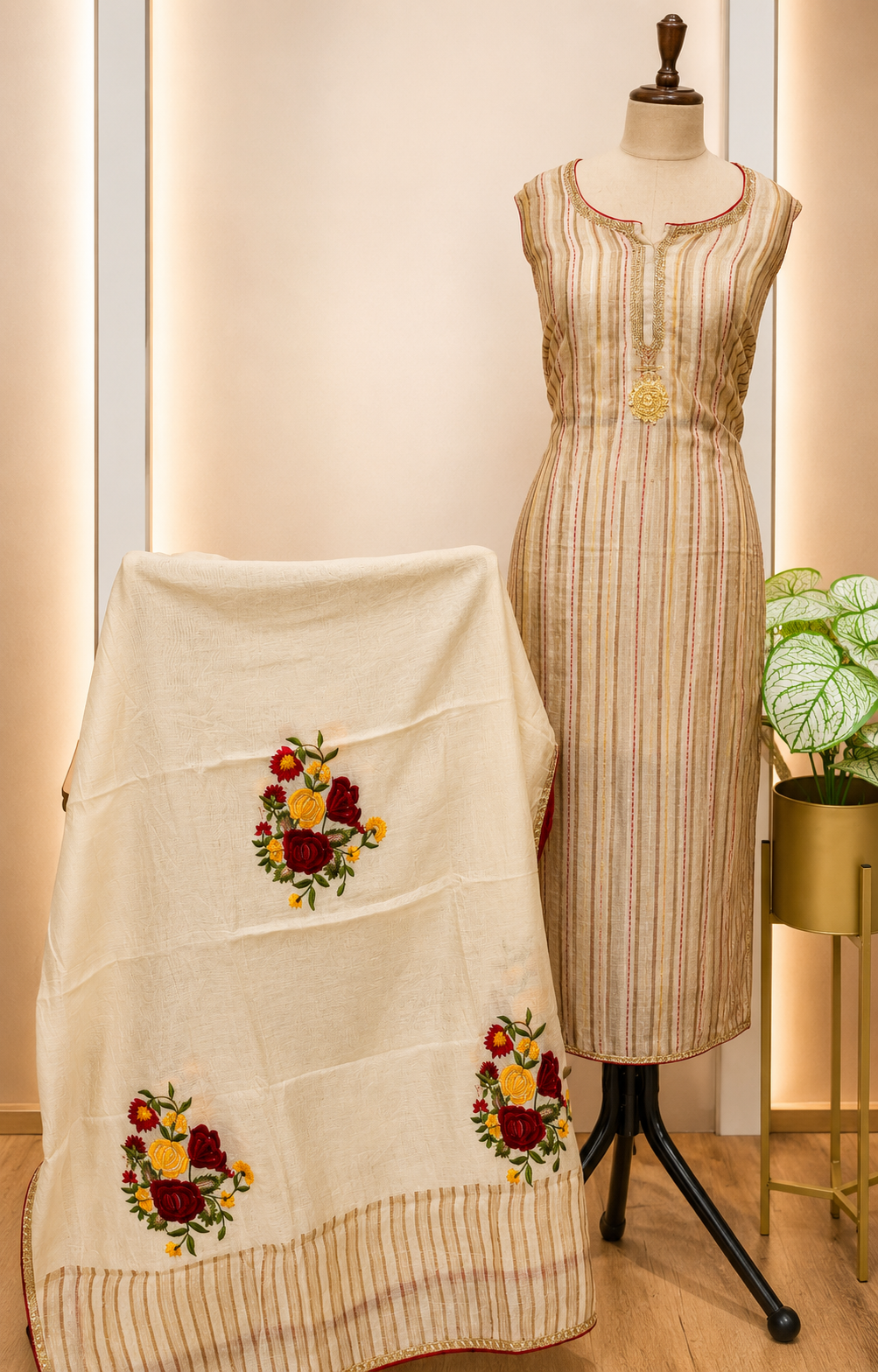 Chanderi Chikankari Embroidered Nayra Cut Semi-Stitched Suit Set