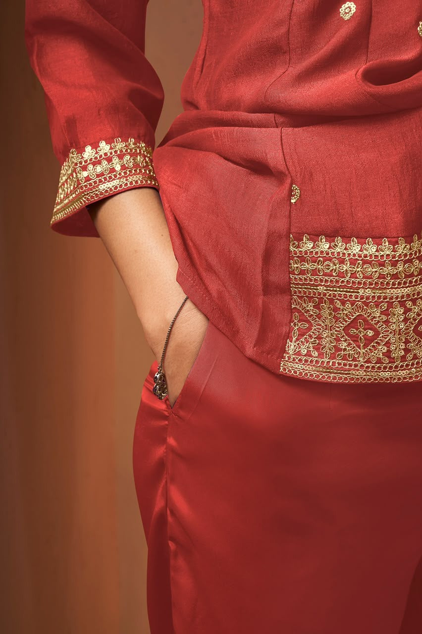 Women's Red Embroidered Vichitra Silk Kurta Set