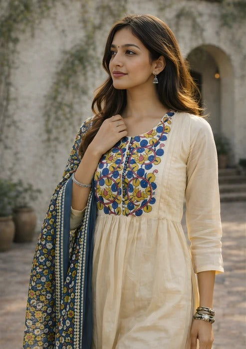 Off White Printed Cotton Kurta and Pant Set with Dupatta