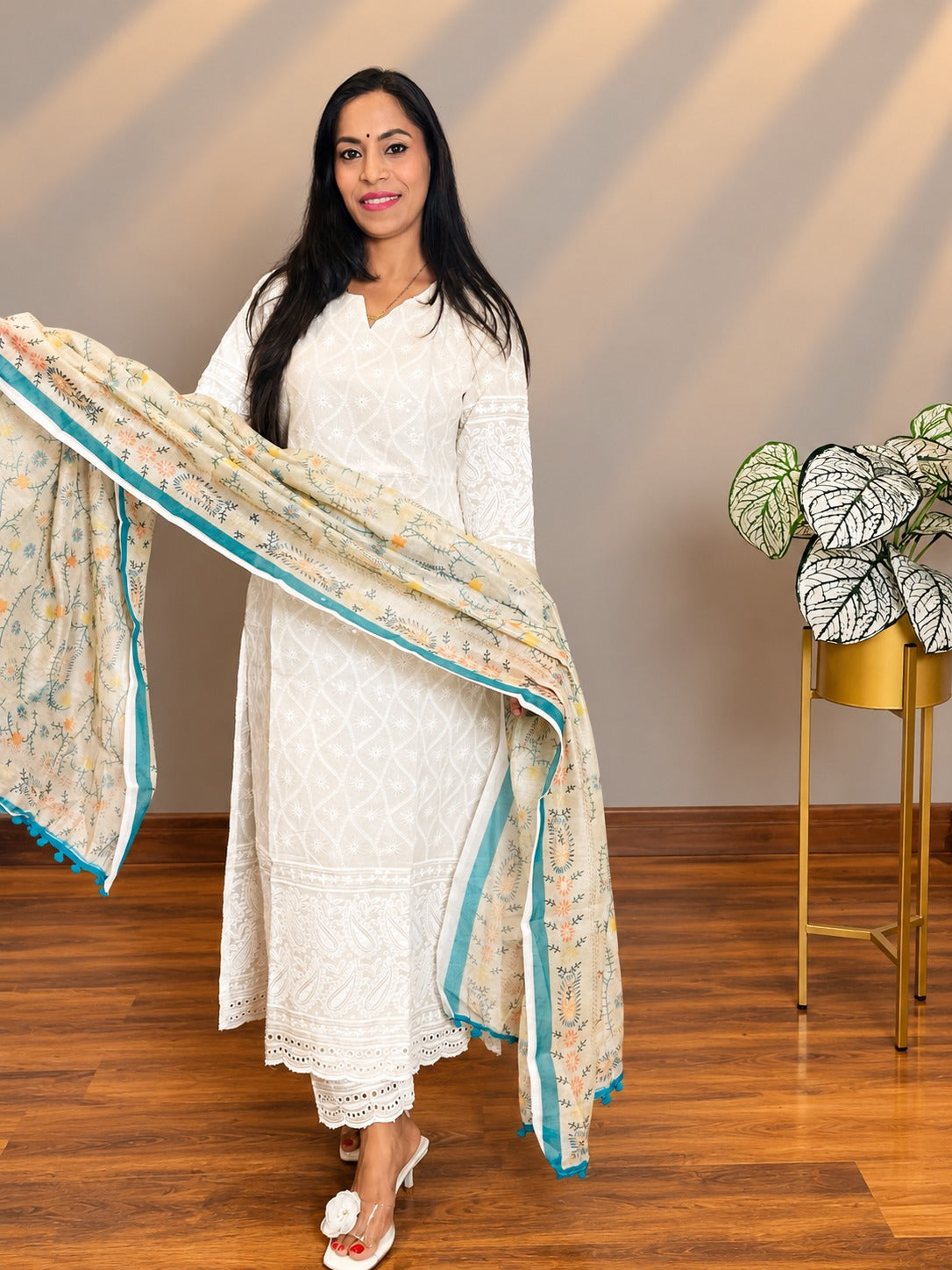 Chikankari Off White Kurta and Pant Set with Printed Chanderi Dupatta