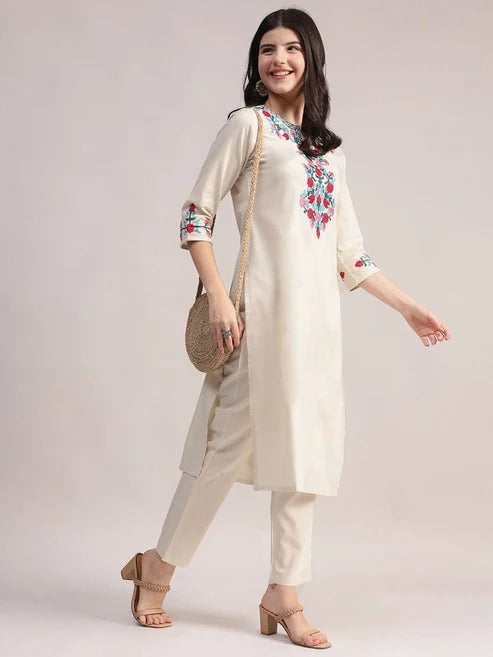 Off White Embriodered Cotton Flex Kurta and Pant Set