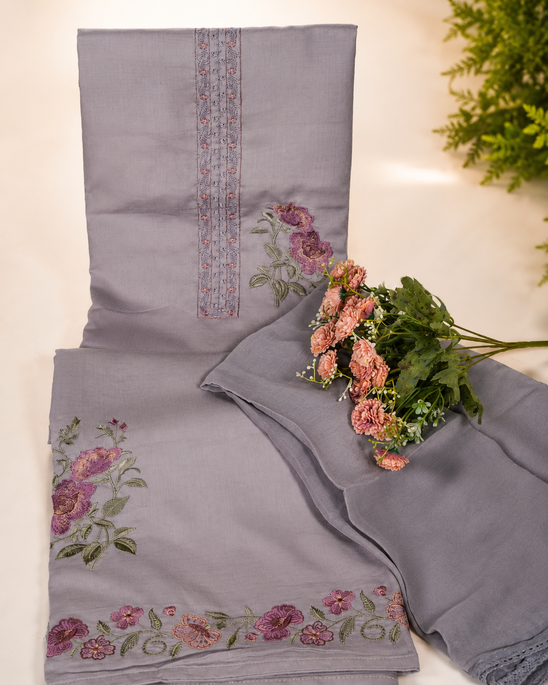 Glace Cotton Ovverall with Plain Chiffon Dupatta