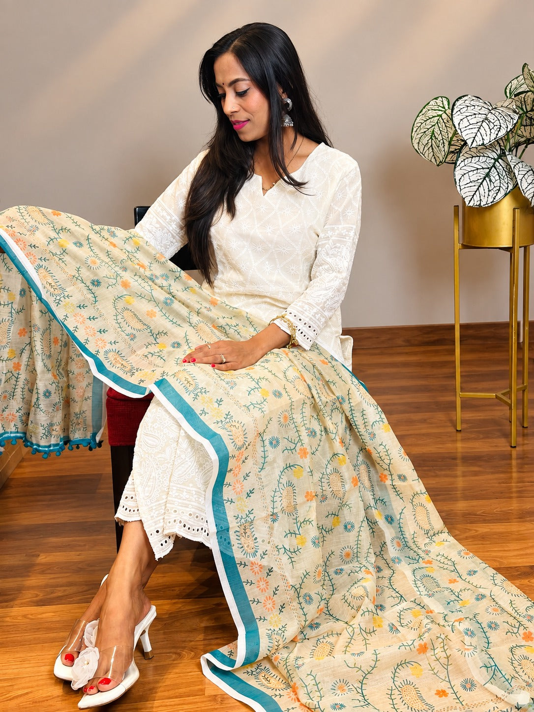 Chikankari Off White Kurta and Pant Set with Printed Chanderi Dupatta