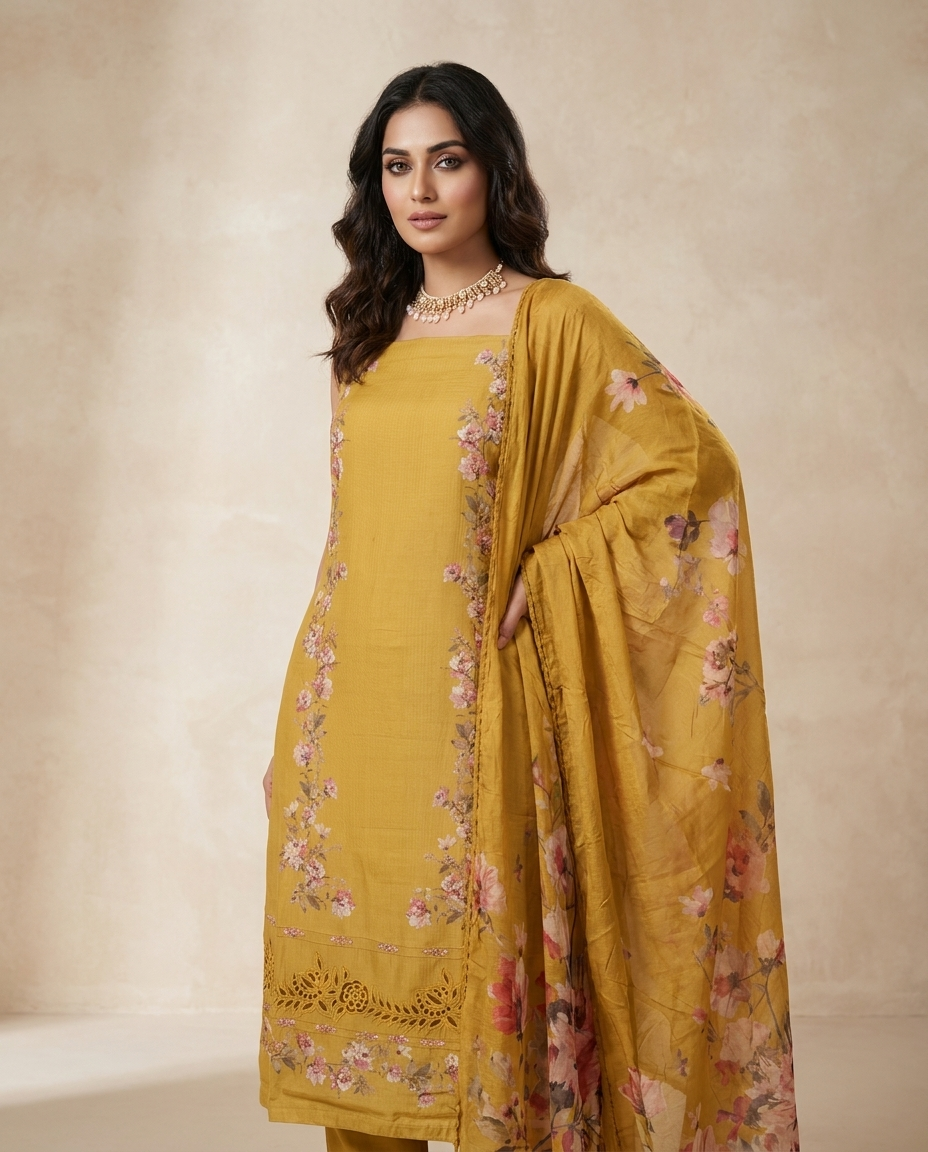 Glace Cotton Suit With Chonin Dupatta Cutwork Embrodry