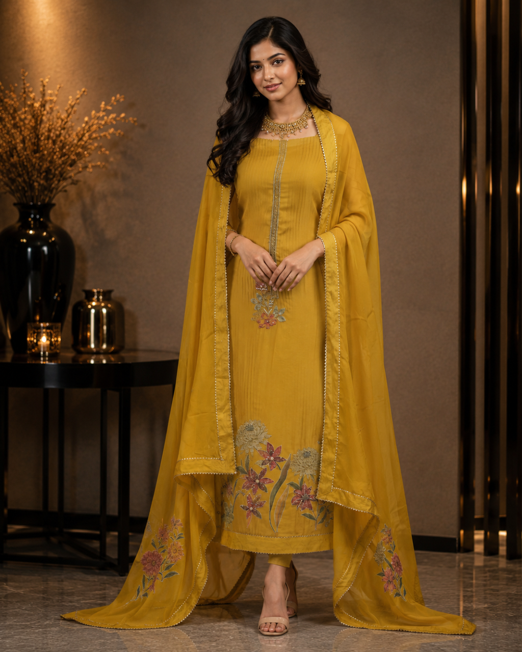 Organza suit with sunflower print