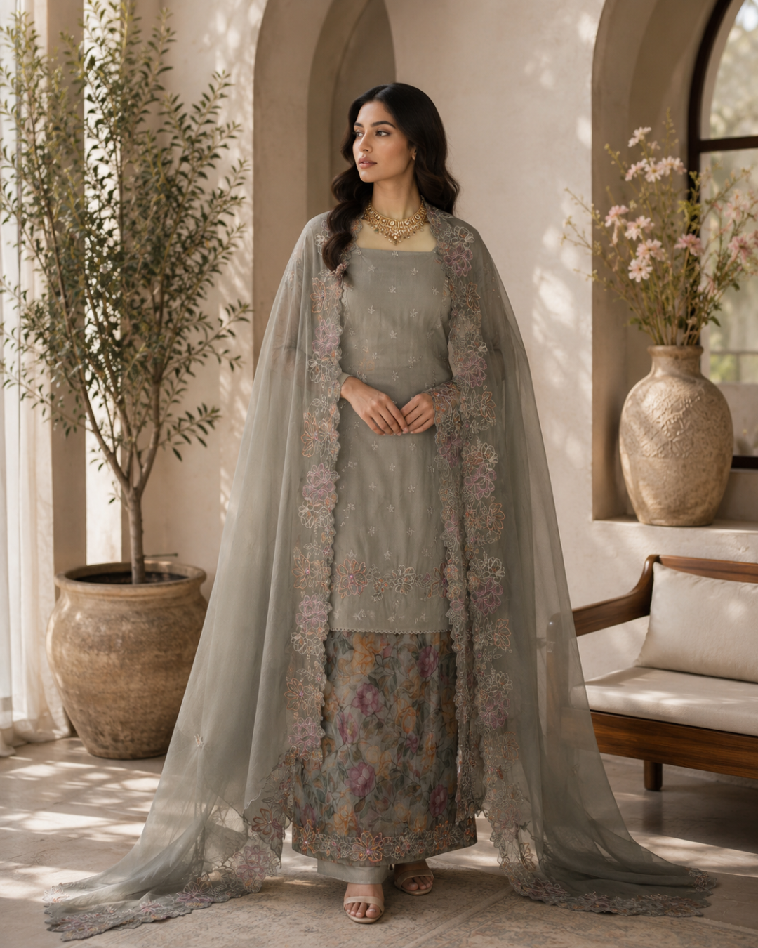 Premium Organza Fabric with Appliqué Cutwork Embroidery