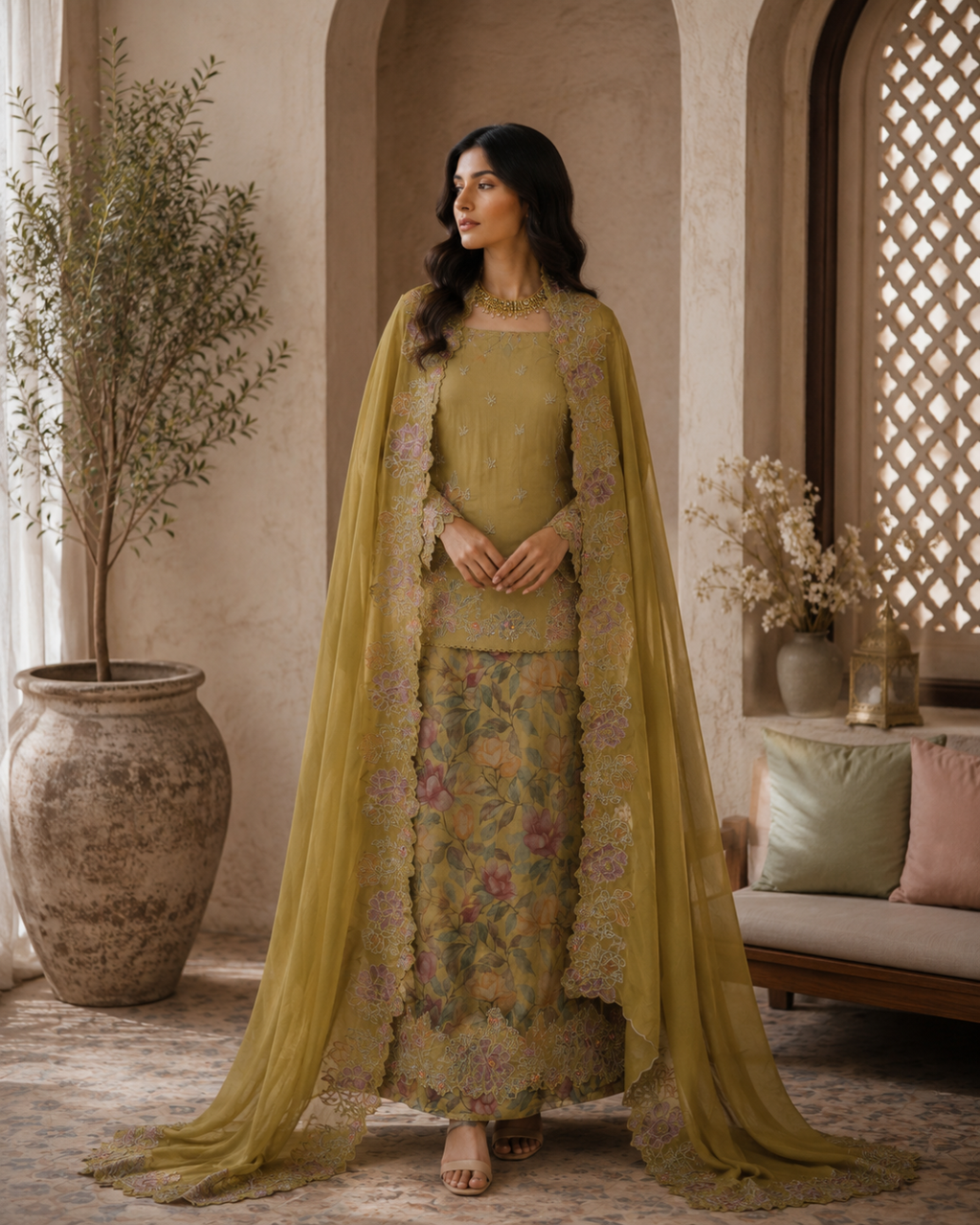 Premium Organza Fabric with Appliqué Cutwork Embroidery