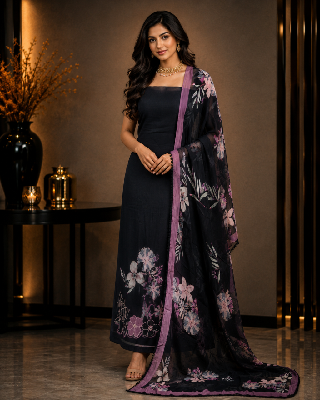 Black Sequence work with Printed Dupata