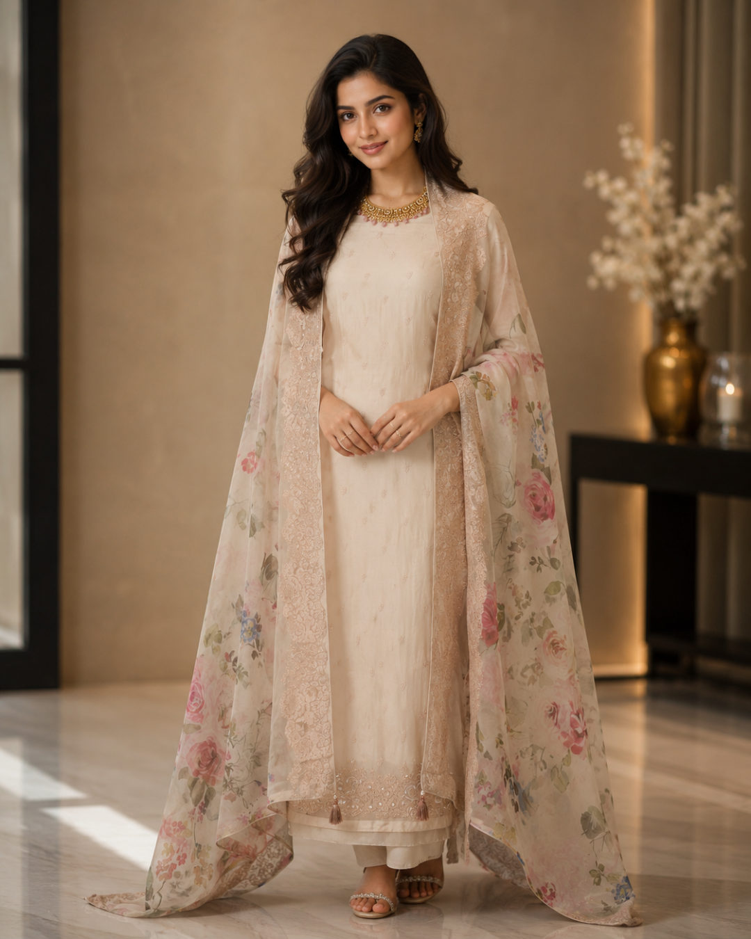 Organza plain suit with sequence Embroidery