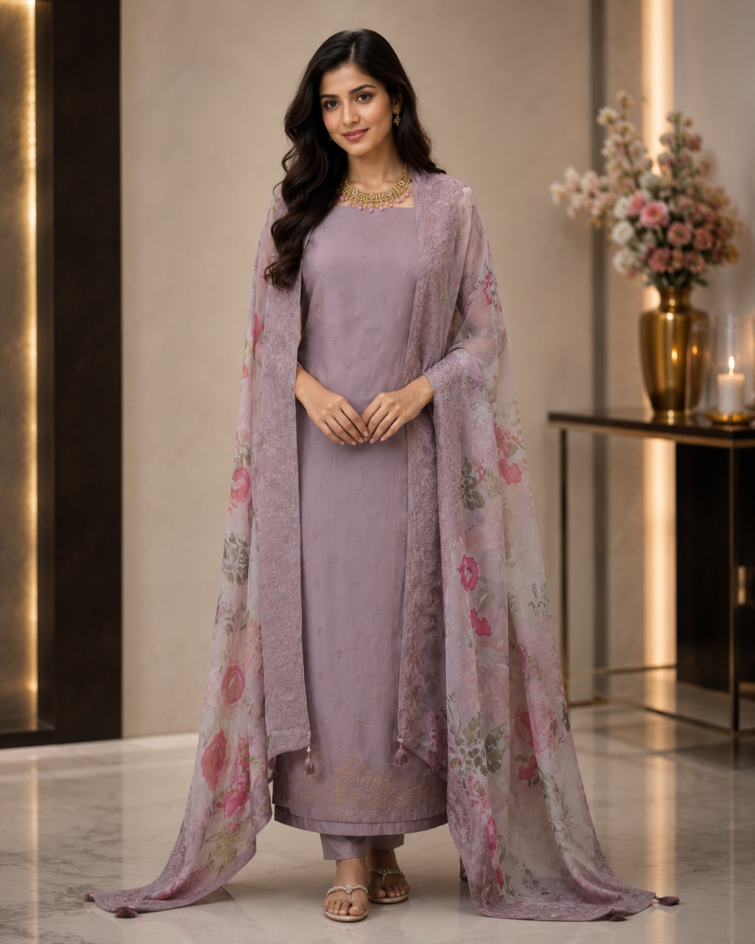 Organza plain suit with sequence Embroidery