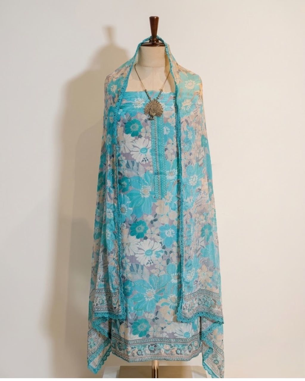 Crepe printed with bottom applique work