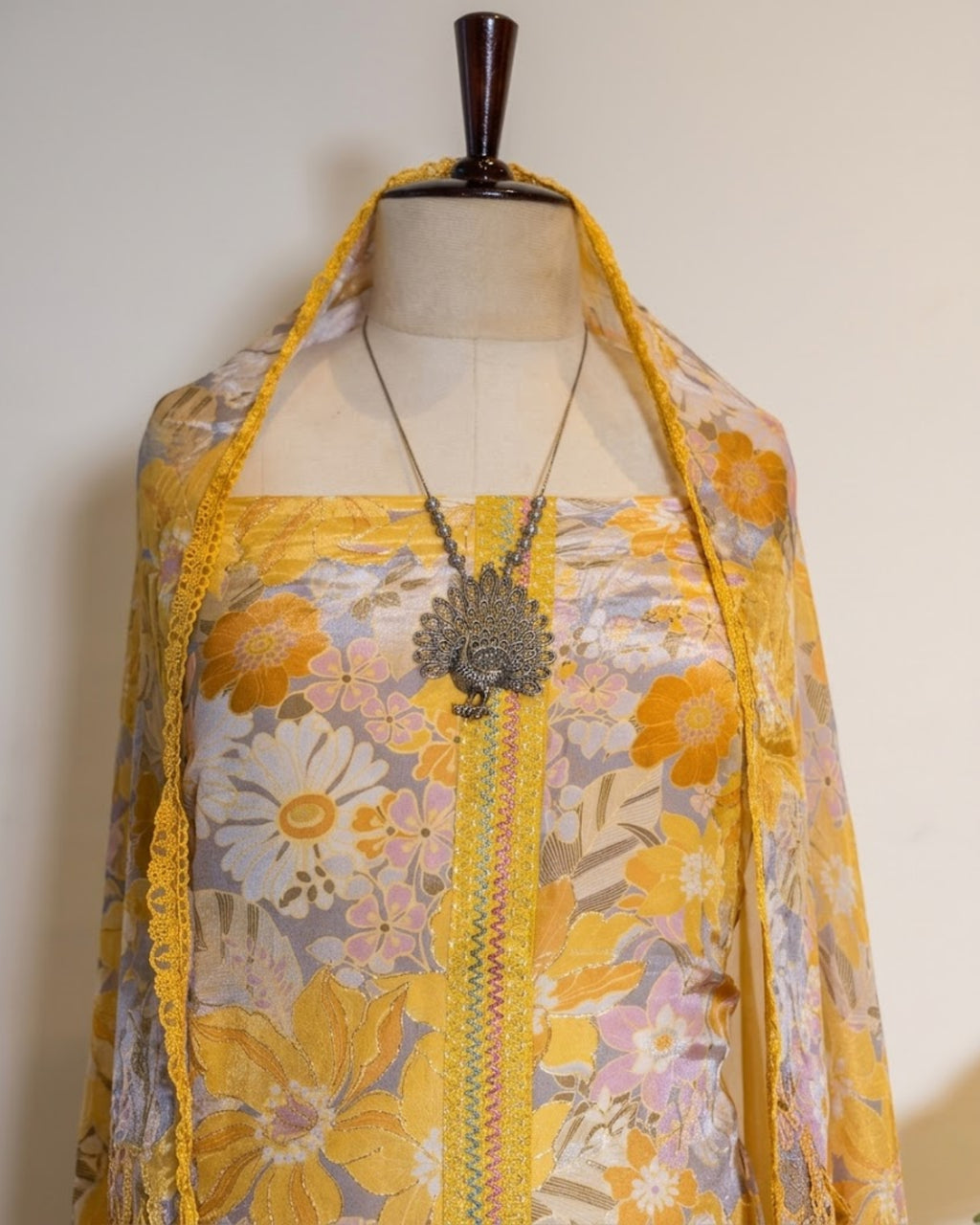 Crepe printed with bottom applique work
