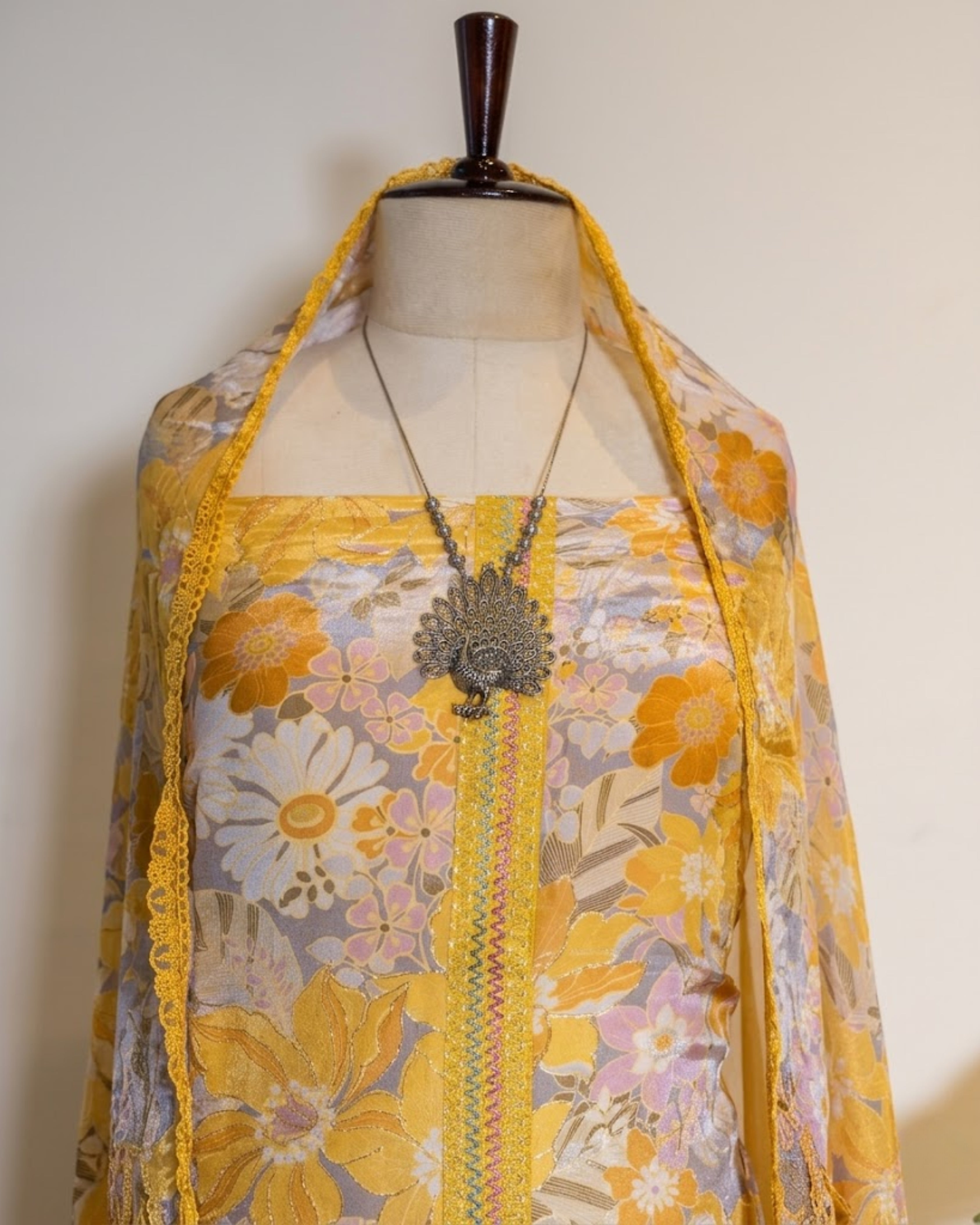Crepe printed with bottom applique work