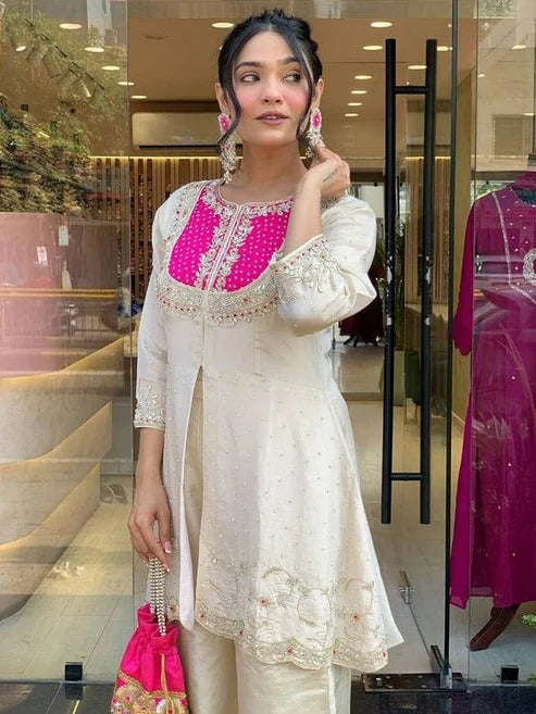 Off White Embroidered Chinon Kurta and Palazzo Set