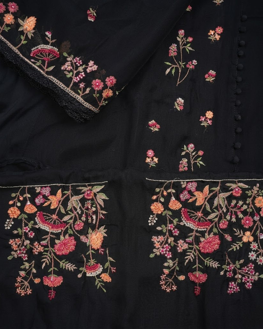 Black Organza Fabric with Multicolor Embroidery