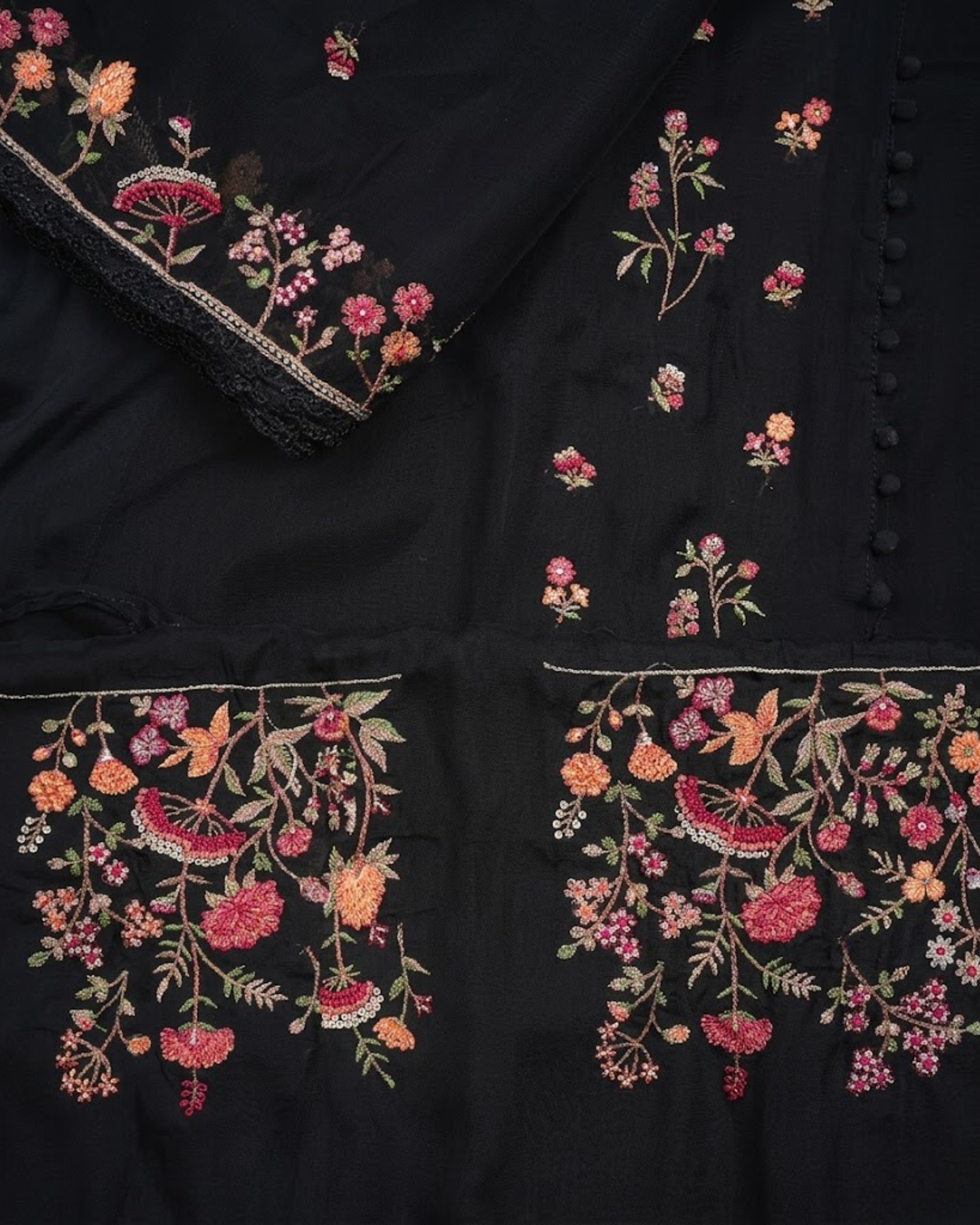Black Organza Fabric with Multicolor Embroidery