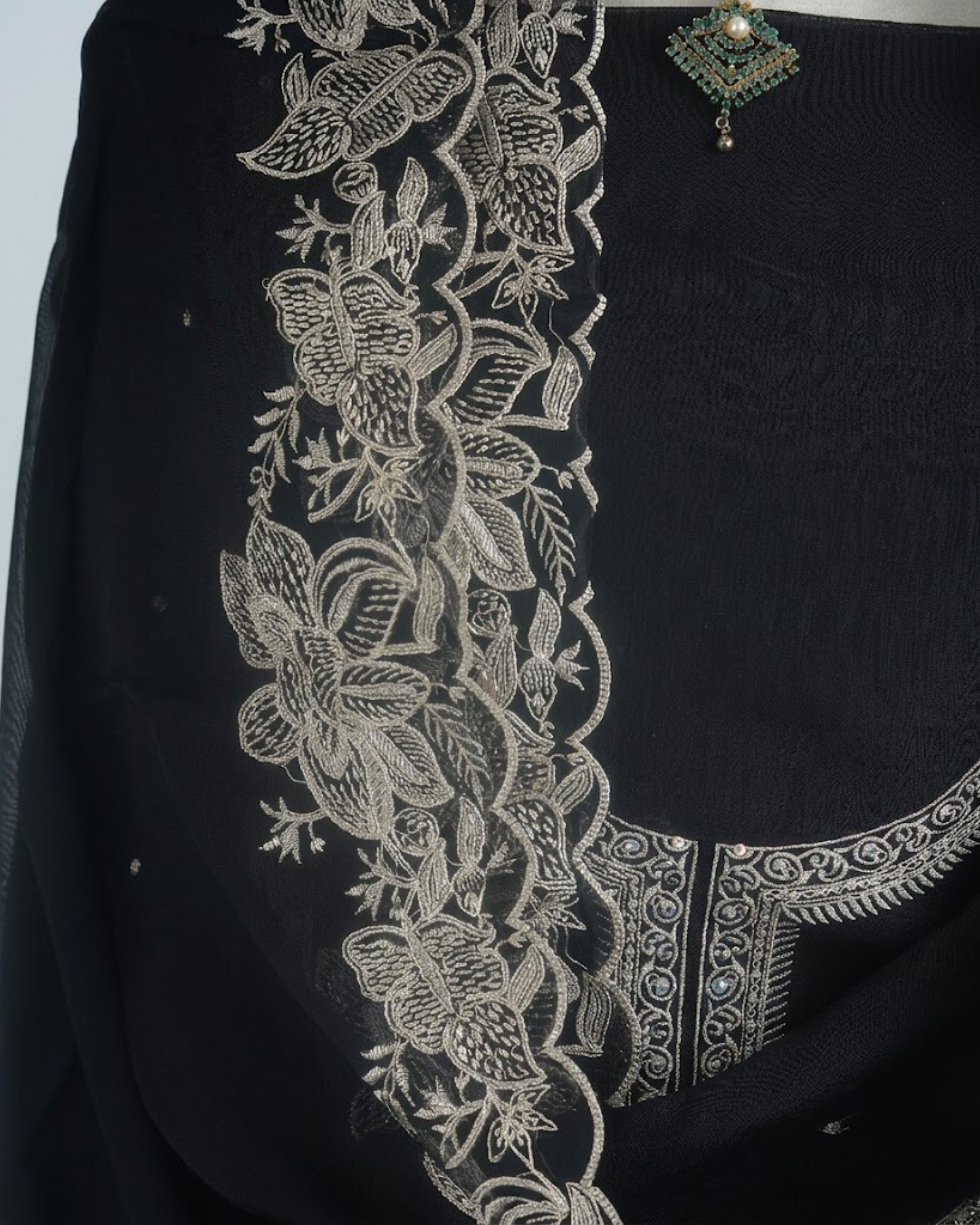 Black Organza Fabric with Flamingo Embroidery Design