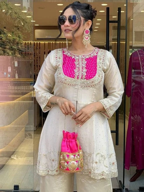 Off White Embroidered Chinon Kurta and Palazzo Set