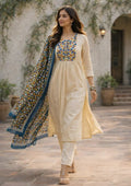 Off White Printed Cotton Kurta and Pant Set with Dupatta