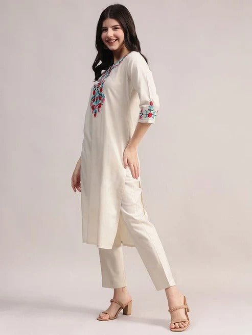 Off White Embriodered Cotton Flex Kurta and Pant Set